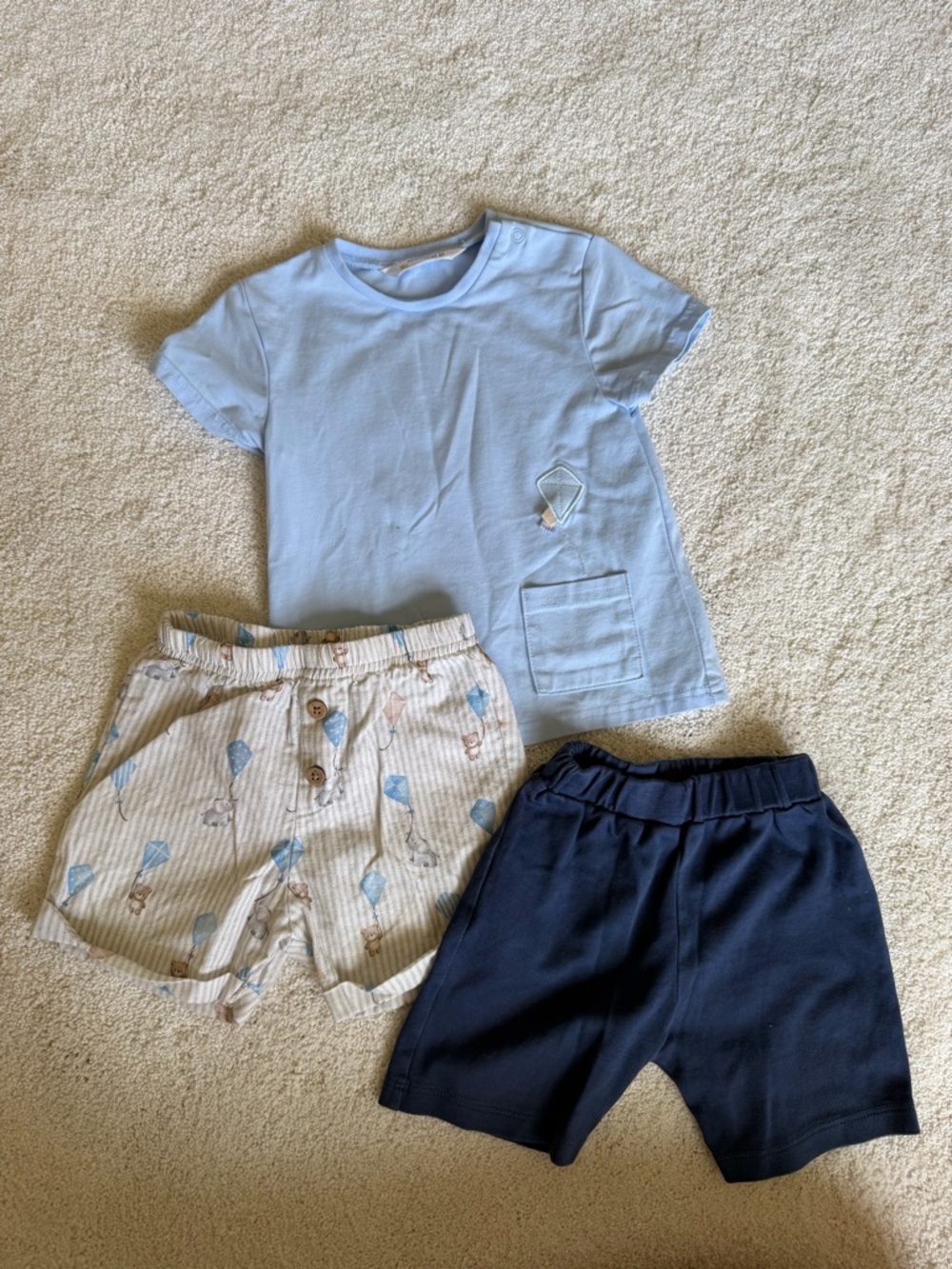 Mayoral Light Blue Tee with Cream Striped Shorts and Blue Accents